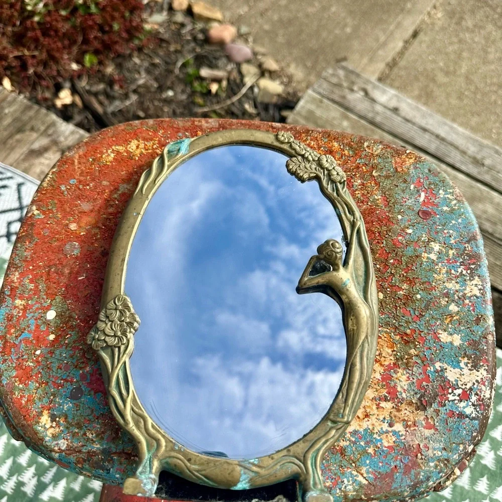 Antique Art Nouveau Brass Vanity Table Top Footed Mirror Lady by the Lake